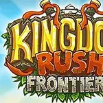Kingdom Rush Frontiers Farverigt skilt med teksten Kingdom Rush Frontiers i tegneseriestil mod en blå himmel med skyer