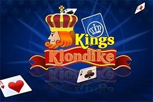 En illustration af en konge med krone og rød hår på en blå baggrund, omkranset af spillekort og teksten Kings Klondike