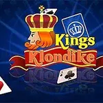 En illustration af en konge med krone og rød hår på en blå baggrund, omkranset af spillekort og teksten Kings Klondike