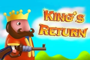 En tegneserieagtig konge med krone og skæg holder en blunderbuss, med teksten Kings Return i en farverig himmelbaggrund