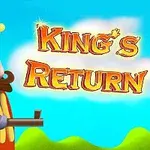 En tegneserieagtig konge med krone og skæg holder en blunderbuss, med teksten Kings Return i en farverig himmelbaggrund