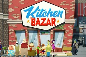 Rød murstensbygning med et stort skilt, Kitchen Bazar, over døren og flere karakterer stående foran