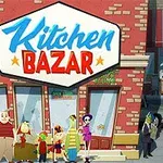 Rød murstensbygning med et stort skilt, Kitchen Bazar, over døren og flere karakterer stående foran