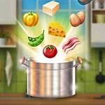 En gryde med ingredienser som tomat, ærter, ost, bacon, gule peberfrugter, kartofler og terninger svævende over i et køkkenmiljø
