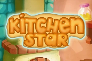 Tegneseriestil grafik med teksten Kitchen Star i orange, omgivet af køkkenelementer som murværk og glasbeholdere