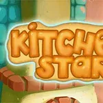 Tegneseriestil grafik med teksten Kitchen Star i orange, omgivet af køkkenelementer som murværk og glasbeholdere