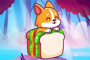 En tegneserie med en glad hund siddende på en sandwichlignende base i en farverig skov