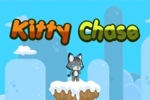 En lille tegnet kat står på en snedækket klippe med blå himmel og skyer i baggrunden, med teksten Kitty Chase øverst