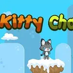En lille tegnet kat står på en snedækket klippe med blå himmel og skyer i baggrunden, med teksten Kitty Chase øverst