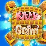 Farverigt design med teksten Kitty Gram omgivet af animerede katteansigter og ternede skiver på en blå baggrund