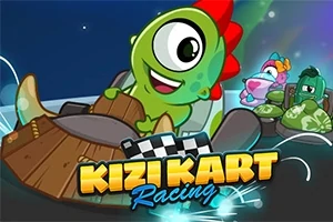 Grøn tegneseriefigur med røde pigge kører en gokart, mens andre figurer følger efter i baggrunden; teksten Kizi Kart Racing er synlig i forgrunden