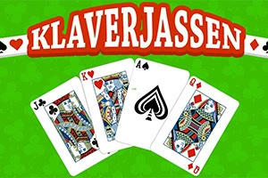 Spillekort med knægt, konge og dame samt es mod en grøn baggrund, med teksten Klaverjassen øverst