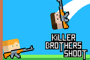 To pixel-karakterer med rifler i en tegneserie-stil med teksten Killer Brothers Shoot på en blå baggrund