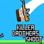 To pixel-karakterer med rifler i en tegneserie-stil med teksten Killer Brothers Shoot på en blå baggrund
