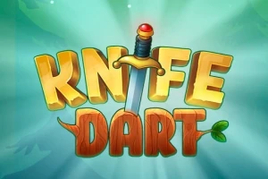 Teksten Knife Dart i store, farverige bogstaver med et sværd gennem midten på en lyseblå baggrund