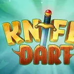 Teksten Knife Dart i store, farverige bogstaver med et sværd gennem midten på en lyseblå baggrund