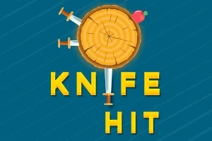 En træskive med knive stukket ind og et æble, samt gul tekst