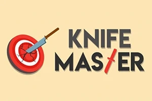 Rødt målskive med en kniv i midten ved siden af teksten Knife Master på en beige baggrund