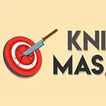 Rødt målskive med en kniv i midten ved siden af teksten Knife Master på en beige baggrund