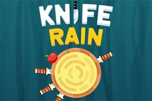 Tekst KNIFE RAIN ovenover en træskive med knive stukket ind i den og et æble placeret på siden