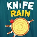 Tekst KNIFE RAIN ovenover en træskive med knive stukket ind i den og et æble placeret på siden