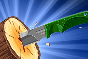 En grøn kniv kaster sig ind i en træstub med blå stråler i baggrunden