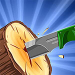 En grøn kniv kaster sig ind i en træstub med blå stråler i baggrunden