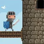Ridderskarakter i pixelkunst står på en platform foran et stentårn med en blå himmel i baggrunden