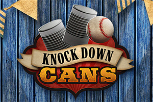 Et billede med to metal dåser og en baseball på en blå træbaggrund, med teksten Knock Down Cans på et banner
