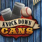 Et billede med to metal dåser og en baseball på en blå træbaggrund, med teksten Knock Down Cans på et banner