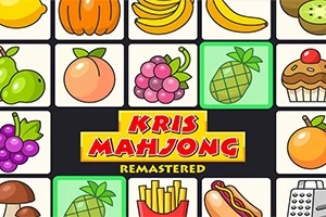 En illustration med farverige ikoner af frugter, madvarer og desserter arrangeret i et gittermønster med teksten Kris Mahjong Remastered i midten