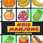En illustration med farverige ikoner af frugter, madvarer og desserter arrangeret i et gittermønster med teksten Kris Mahjong Remastered i midten