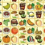 Et mønster af frugter, grøntsager og madikoner arrangeret i et gitterlayout