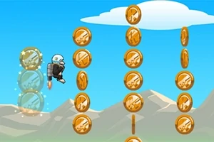 En karakter med jetpack flyver gennem rækker af gyldne mønter mod en bjergbaggrund under en blå himmel