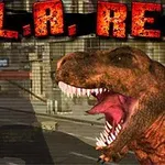 En stor T-Rex brølende foran en bybaggrund med teksten L