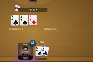 To kort vises ved siden af en spillerprofil med pokerchips på bordet og tre fælleskort i midten