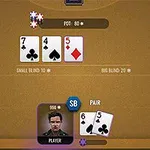 To kort vises ved siden af en spillerprofil med pokerchips på bordet og tre fælleskort i midten