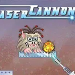 En tegneserieagtig skabning med store øjne står på en metalplatform ved siden af en laserkanon og en fyrig kugle, med teksten Laser Cannon 2 øverst