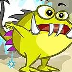 Gul, tegneserieagtig monsterfigur med store hugtænder og en bombe, der har tallet tre, i lyse omgivelser