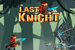 En rødklædt ridder med et blåt sværd står over for en knoglelignende drage i en skov, med teksten Last Knight øverst