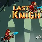 En rødklædt ridder med et blåt sværd står over for en knoglelignende drage i en skov, med teksten Last Knight øverst