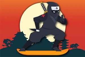 Ninja med sort dragt og sværd på ryggen balancerer på et skateboard foran en stor fuldmåne og silhuetten af japanske træer i solnedgangen