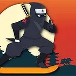 Ninja med sort dragt og sværd på ryggen balancerer på et skateboard foran en stor fuldmåne og silhuetten af japanske træer i solnedgangen