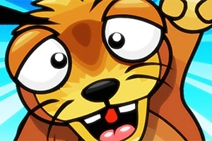 Tegnet billede af en animeret, glad brun gnaver med store øjne og en blå baggrund
