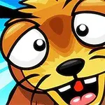 Tegnet billede af en animeret, glad brun gnaver med store øjne og en blå baggrund