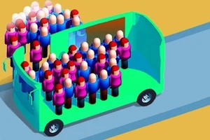 Illustration af en overfyldt bus med animerede figurer iført farverige tøj på en vej