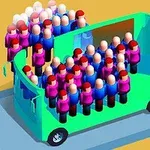 Illustration af en overfyldt bus med animerede figurer iført farverige tøj på en vej