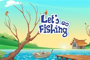 Tegneserieillustration af en sø med en robåd, en træbro, et hus i baggrunden og teksten Lets Go Fishing