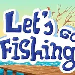Tegneserieillustration af en sø med en robåd, en træbro, et hus i baggrunden og teksten Lets Go Fishing