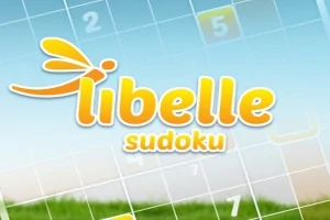 Libelle-logo med en guldsmed foran en lyseblå baggrund med tal og gitter